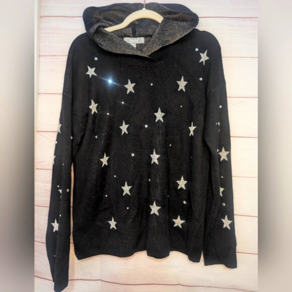 Nwot MARLED knit 🧶 Star 🌟 🌟 Print Hooded Sweater With Bling Size Large